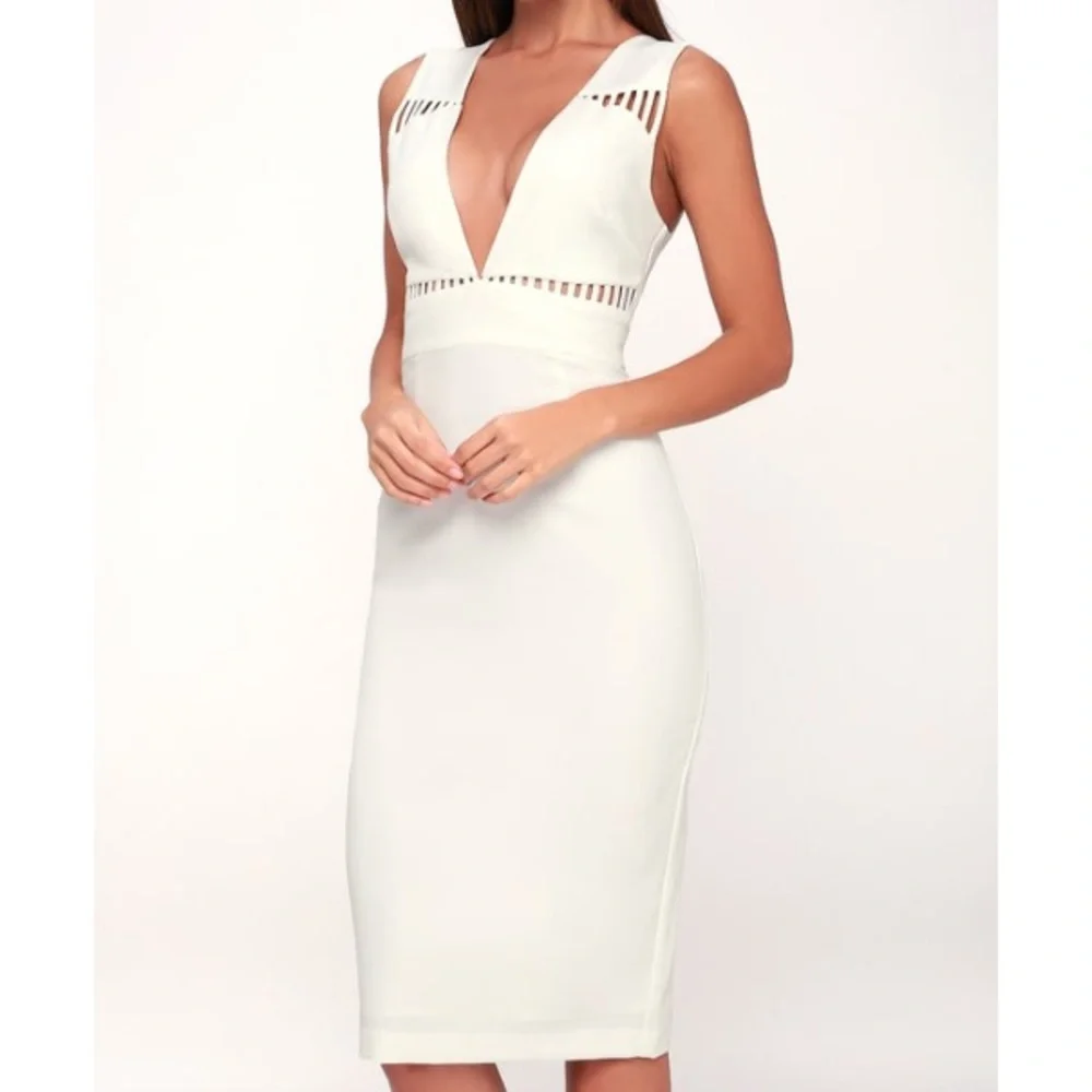 White Sleeveless V-Neck Cut Out Midi Dress - Picture 3 of 5